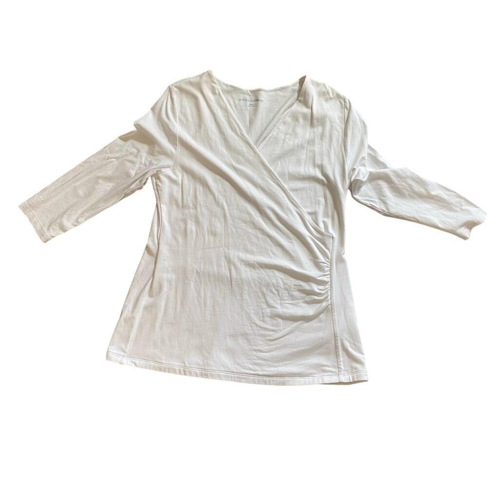 Soft Surroundings White Ruched Faux Wrap Top Pima Cotton Blend Large Peru